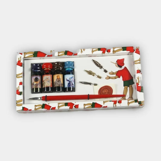 Set Pinocho Pluma madera + Plumillas + 4 tintas