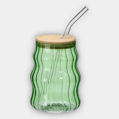 Vaso de Cristal Estriado 500ml con Tapa Bambú y Pajita