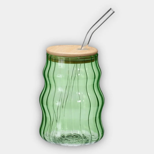 Vaso de Cristal Estriado 500ml con Tapa Bambú y Pajita
