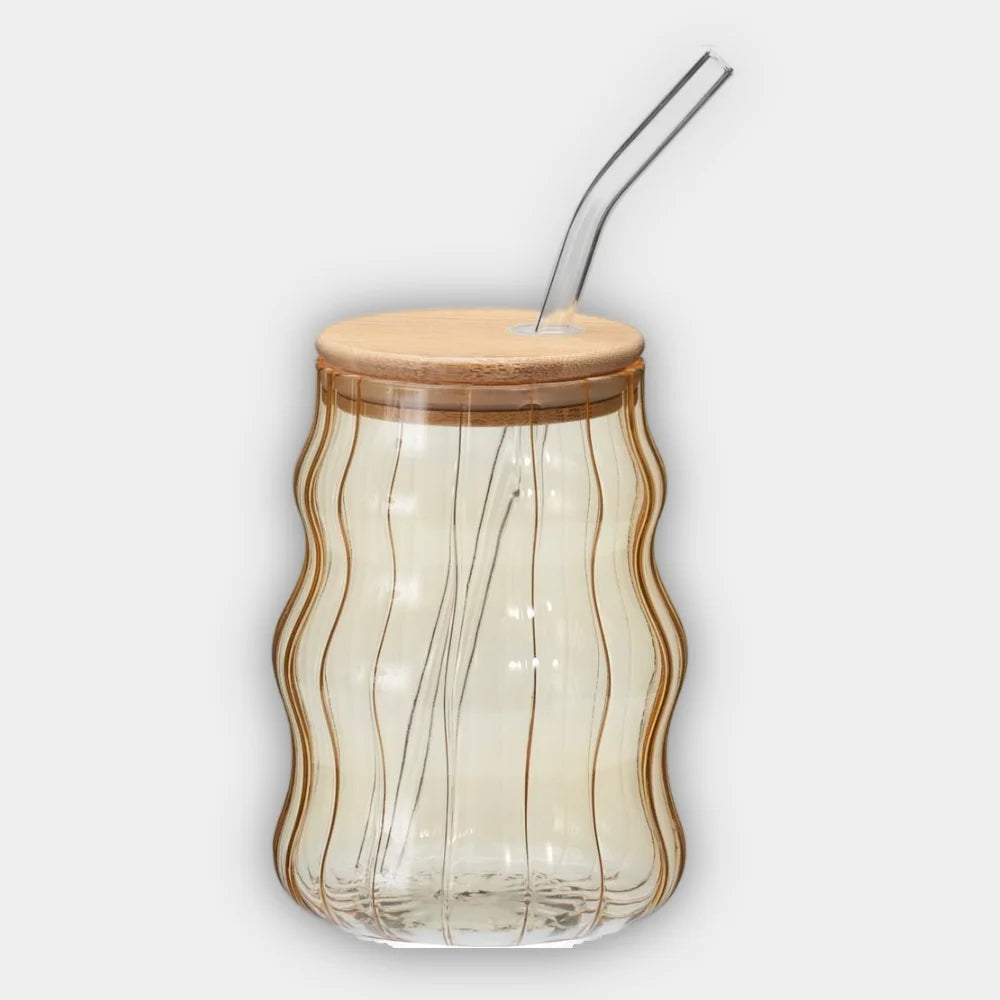 Vaso de Cristal Estriado 500ml con Tapa Bambú y Pajita