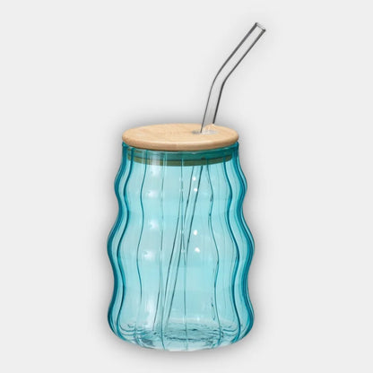 Vaso de Cristal Estriado 500ml con Tapa Bambú y Pajita