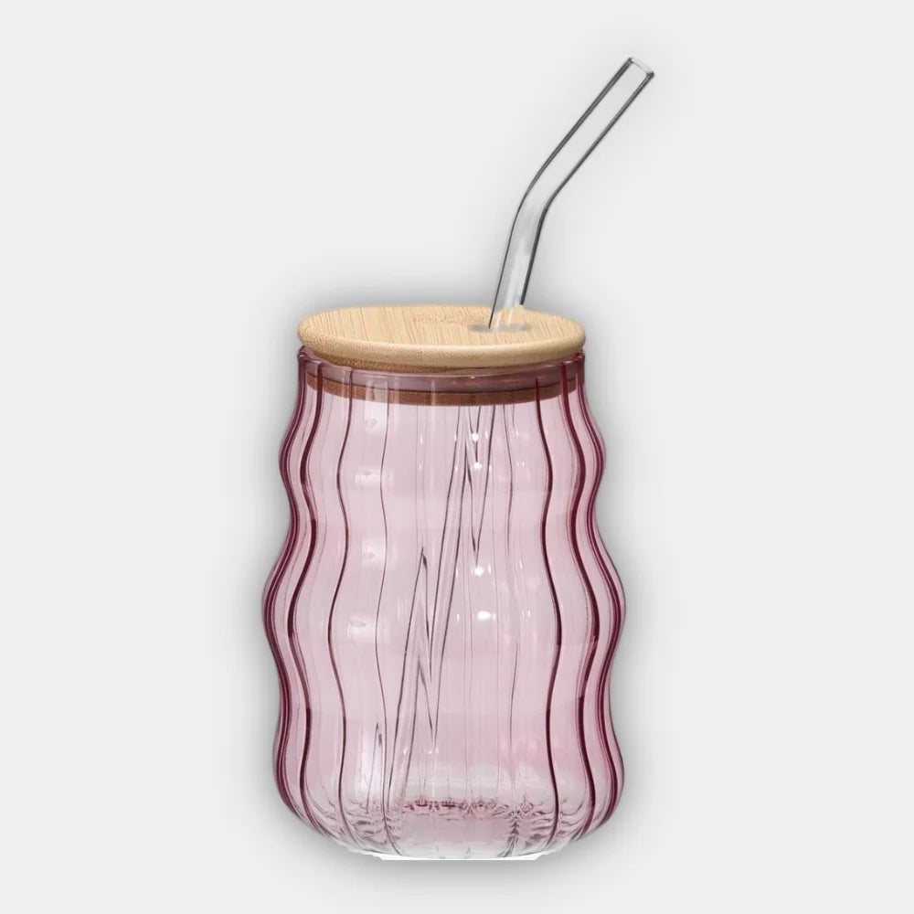 Vaso de Cristal Estriado 500ml con Tapa Bambú y Pajita
